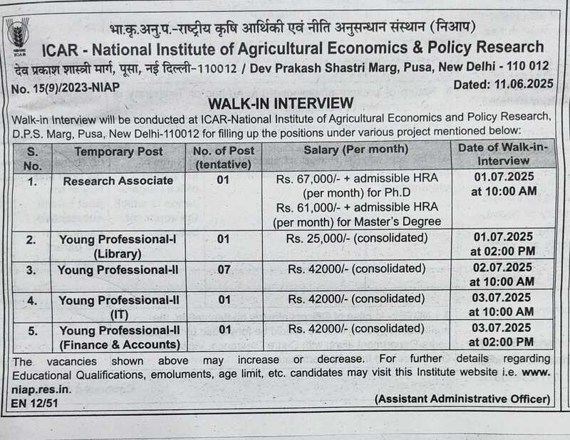 EMPLOYMENT NEWS WEEKLY
ICAR RECRUITMENT
YOUNG PROFESSIONAL
