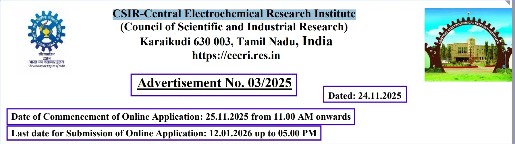 Recruitment of 15 Scientists at CSIR-Central Electrochemical Research Institute