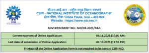 Recruitment Of Technical Assistant at CSIR-National Institute of Oceanography (CSIR-NIO), Goa. ADVERTISEMENT NO.: NIO/04-2025/R&A