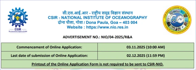 Recruitment Of Technical Assistant at CSIR-National Institute of Oceanography (CSIR-NIO), Goa. ADVERTISEMENT NO.: NIO/04-2025/R&A