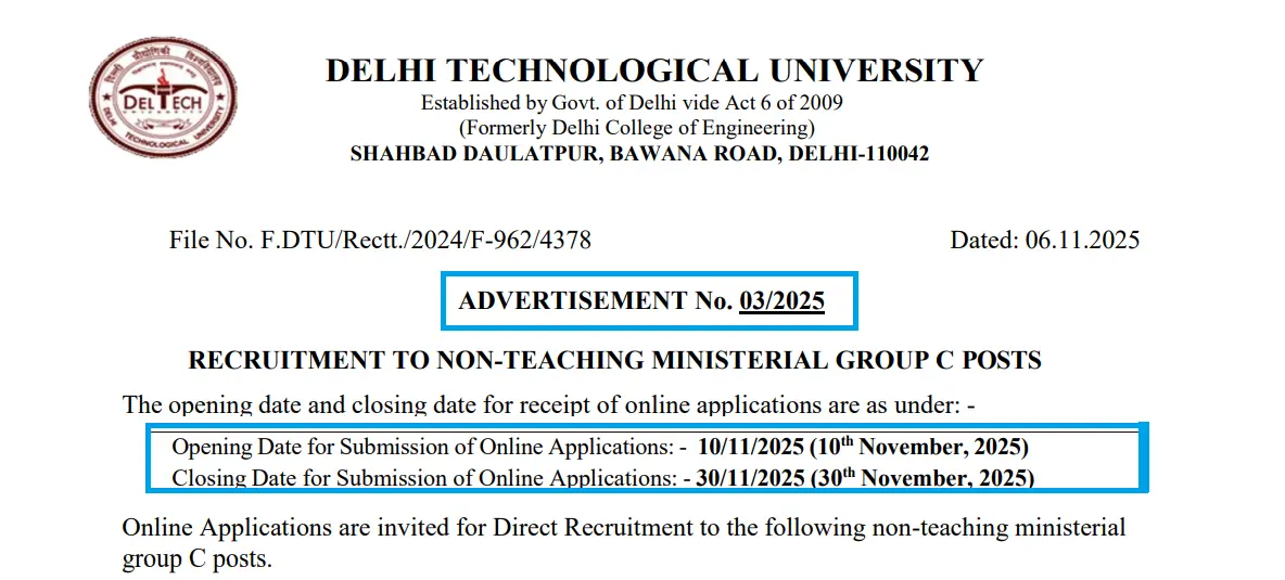 Recruitment of 66 Non-Teaching Ministerial Group C Posts At Delhi Technological University