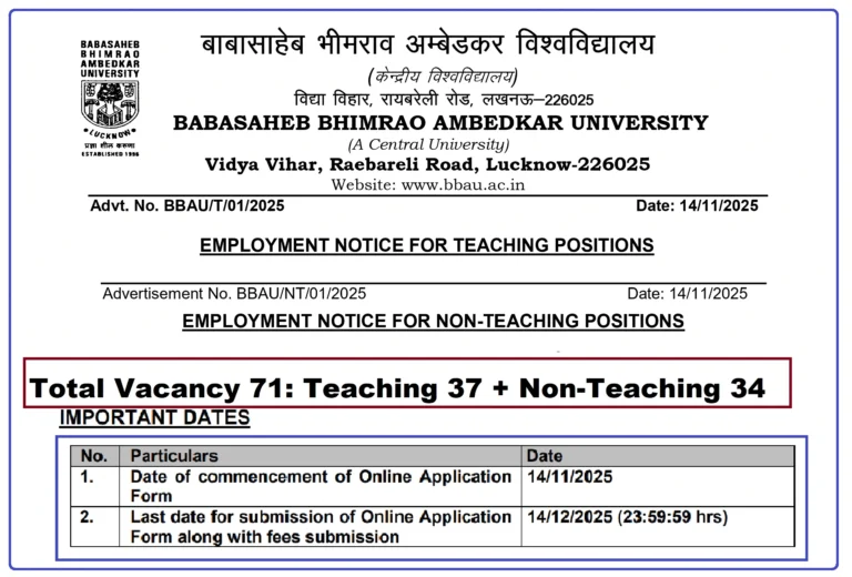 Recruitment of 71 Teaching & Non Teaching Positions at Babasaheb Bhimrao Ambedkar University, Lucknow