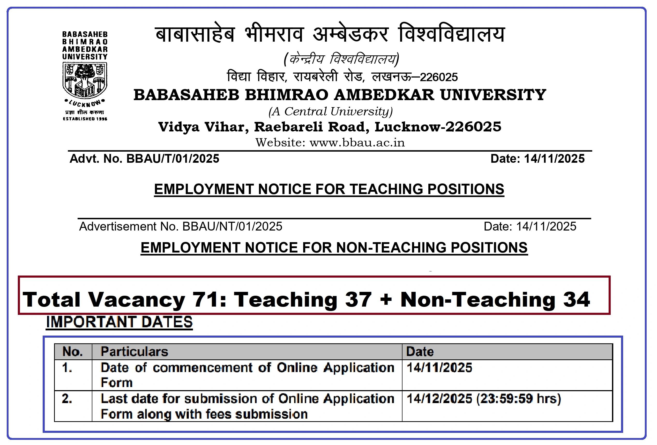 Recruitment of 71 Teaching & Non Teaching Positions at Babasaheb Bhimrao Ambedkar University, Lucknow