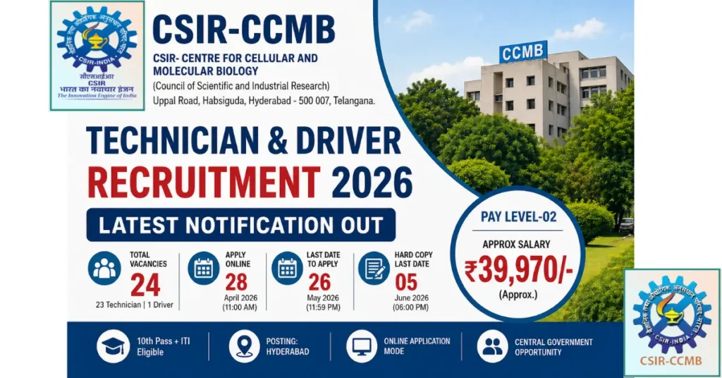 The csir latest notification has been released by CSIR-CCMB (Centre for Cellular and Molecular Biology) for Technician and Driver posts. This recruitment offers a great opportunity for 10th pass + ITI candidates and experienced drivers to secure a central government job. csir, technician, latest notification, driver
