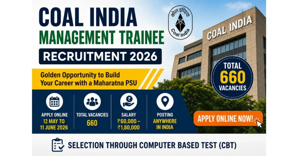 management trainee, coal india Coal India Limited (CIL), a Maharatna Public Sector Undertaking under the Ministry of Coal, has released the latest notification for recruitment of Management Trainee (MT) posts in various disciplines through Computer Based Test (CBT). Candidates looking for PSU opportunities can apply online for 660 vacancies across Civil, Electrical, Mechanical, System, Geology, Hindi, Company Secretary and other disciplines. The recruitment offers attractive salary, benefits and nationwide posting opportunities.